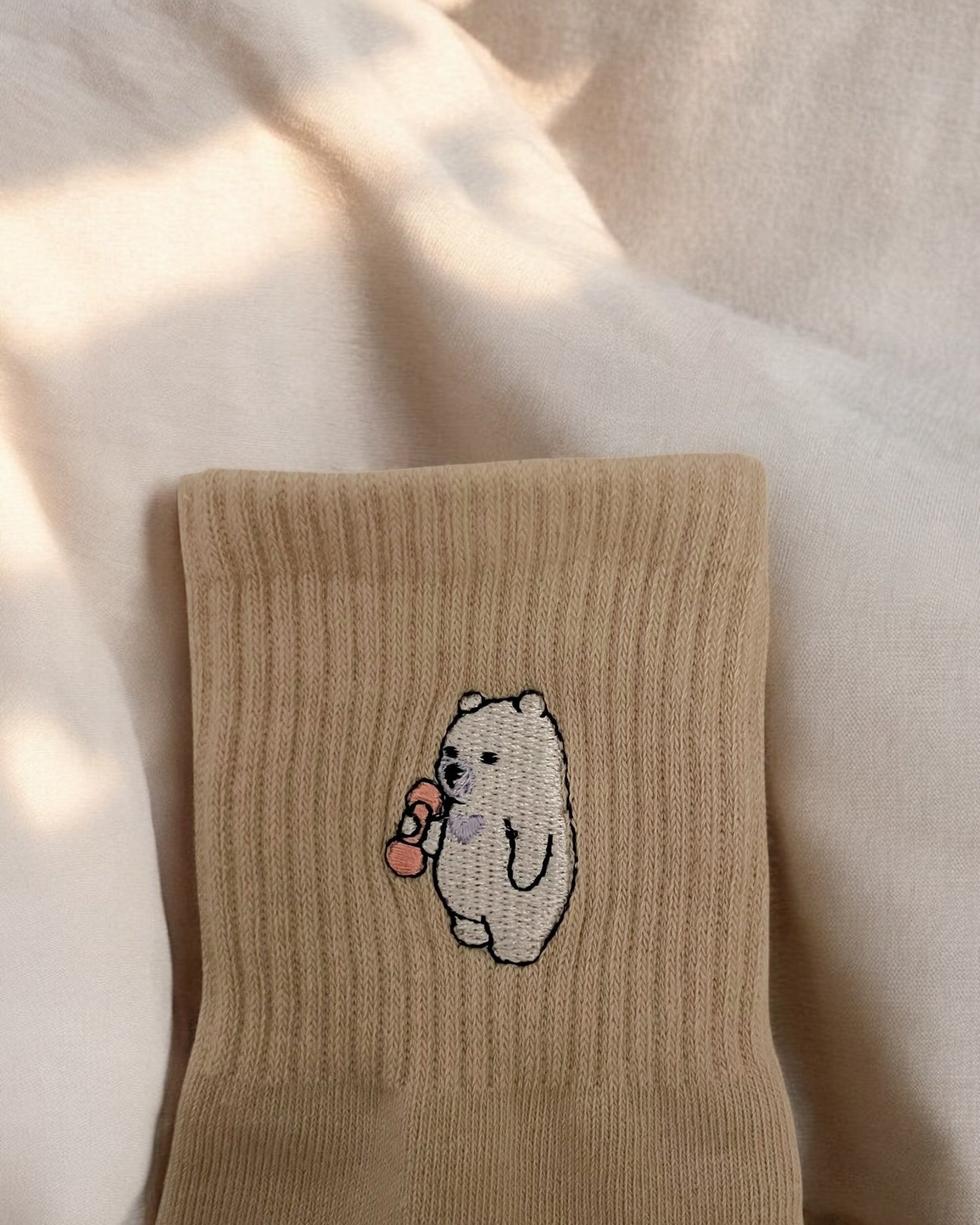 Cute Weight Lifting Polar Bear with Dumbbell Embroidered Pilates Grip Socks