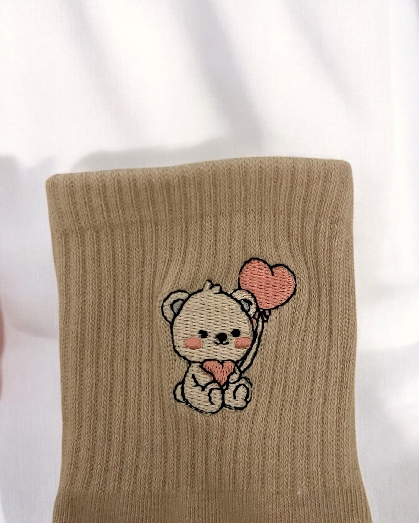 Cute Beige Teddy Bear with Heart Balloon Embroidered Pilates Grip Socks